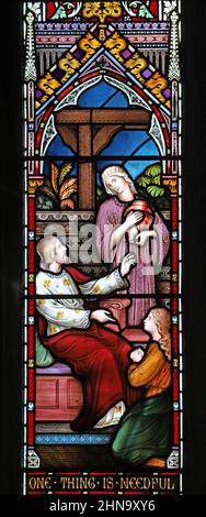 Stained glass window by Frederick Preedy, depicting Jesus in the house of Mary & Martha, St Peter & St Paul, Langham, Rutland Stock Photo