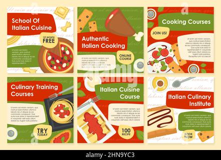 Italian cuisine online course, social media post set Stock Vector