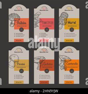 Mushroom label design set, dried product sticker Stock Vector