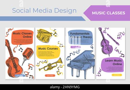 Music course online at social media banner set Stock Vector