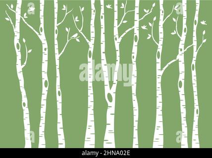 birch tree forest with birds, vector illustration on green background Stock Vector