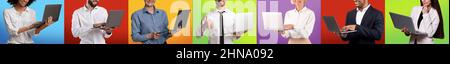 Unrecognizable business people using computers, set of cropped shots Stock Photo