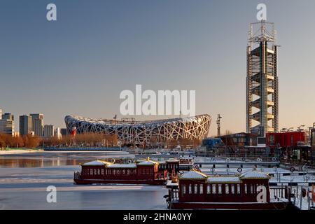 National Stadium Bird Nest during 2022 Beijing Winter Olympics in Beijing China on Feb.14,2022 Stock Photo