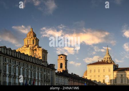 Dome of the Royal Church of San Lorenzo, bell tower of the Turin Cathedral and top of the Chapel of the Holy Shroud, Turin, Piedmont, Italy Stock Photo