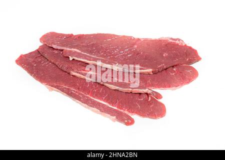 Three angus veal slices on a perfect white background Stock Photo
