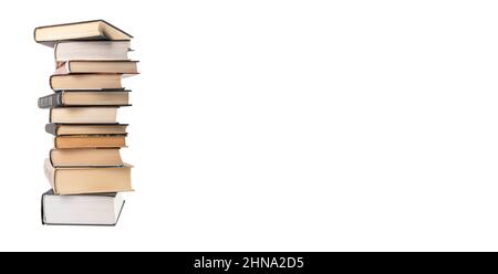 Banner with large books stack isolated on white background. Education, reading leisure, data search concept. Place for text. High quality photo Stock Photo