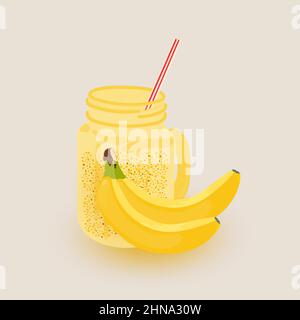 Banana smoothie glass jar on yellow background. Banana drink.Healthy organic vegan food. Natural organic nutrition. Fruit juice. Vector illustration.  Stock Vector