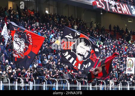 Milan, Italy. 13th Feb, 2022. Italy, Milan, february 13 2022: ac Milan supporters wave the flags and celebrate the victory at the end of football match AC MILAN vs SAMPDORIA, Serie A 2021-2022 day25 at San Siro stadium (Photo by Fabrizio Andrea Bertani/Pacific Press) Credit: Pacific Press Media Production Corp./Alamy Live News Stock Photo