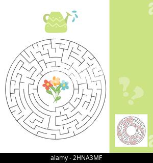A puzzle game for kids. Go through the maze, watering can and flowers. Vector isolated on a white background. Labyrinth game with answer Stock Vector