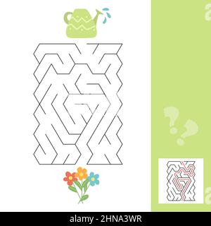 A puzzle game for kids. Go through the maze, watering can and flowers. Vector isolated on a white background. Labyrinth game with answer Stock Vector