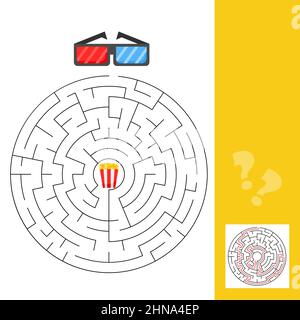 3d glasses and popcorn - maze game for kids. Connect the elements by finding right way. Game for kids with solution Stock Vector