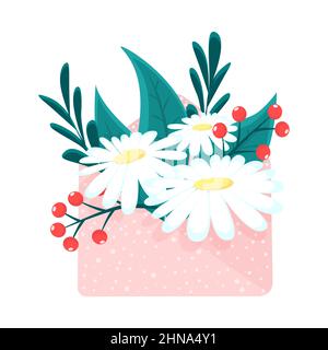 Beautiful flowers inside the festive envelope. Spring floral bouquet. Concept of happy letter in flat style Stock Vector