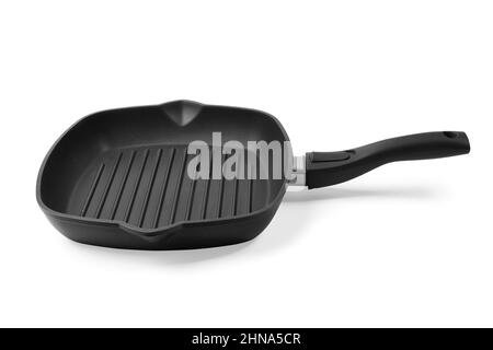 Black square grill frying pan angle  view. Isolated on white, clipping path included Stock Photo