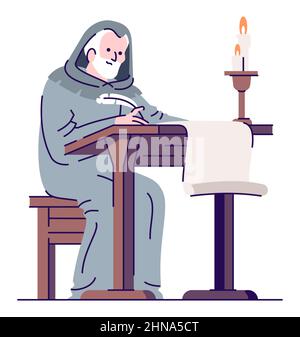 Monk copying manuscripts semi flat RGB color vector illustration Stock Vector