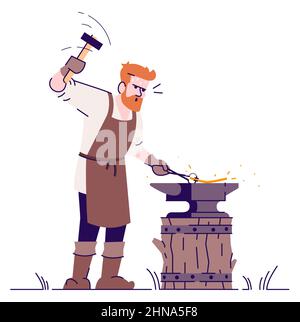Blacksmith working with hammer semi flat RGB color vector illustration Stock Vector