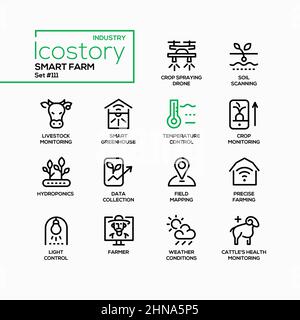 Smart farm - modern line style colorful icon set in black and white color. Livestock monitoring, crop spraying drone, soil scanning, greenhouse, farme Stock Vector