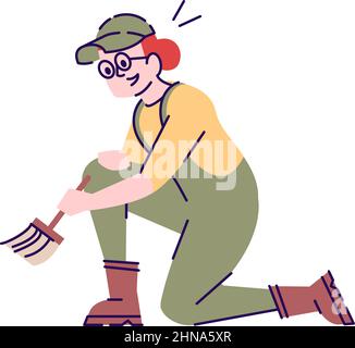 Female archaeologist with brush semi flat RGB color vector illustration Stock Vector