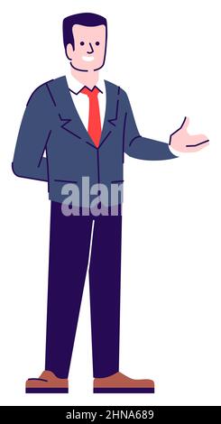 Friendly businessman pointing with open hand flat RGB color vector illustration Stock Vector
