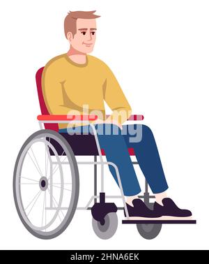 Smiling guy sitting in wheelchair semi flat RGB color vector illustration Stock Vector