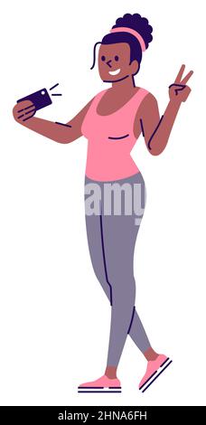 Athletic girl taking selfie semi flat RGB color vector illustration Stock Vector
