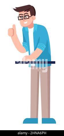 Smiling guy with glasses raising thumb up semi flat color vector illustration Stock Vector