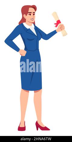 Smiling office lady with award certificate semi flat color vector illustration Stock Vector