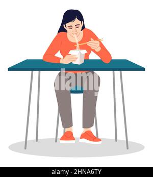 Girl eating noodles with chopsticks semi flat RGB color vector illustration Stock Vector