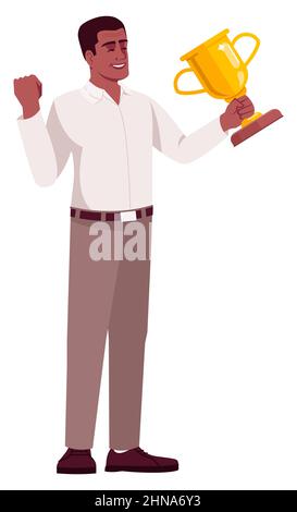 Happy office worker with trophy semi flat RGB color vector illustration Stock Vector