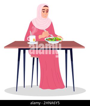 Smiling lady eating healthy salad semi flat RGB color vector illustration Stock Vector