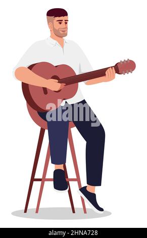 Bearded man playing guitar in public semi flat RGB color vector illustration Stock Vector