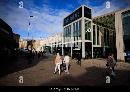 The Glass Works Barnsley is a development in Barnsley town centre which contains a shopping mall, restaurants, a cinema and a bowling alley. Barnsley Stock Photo