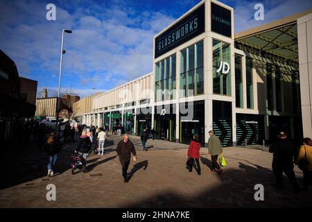 The Glass Works Barnsley is a development in Barnsley town centre which contains a shopping mall, restaurants, a cinema and a bowling alley. Barnsley Stock Photo