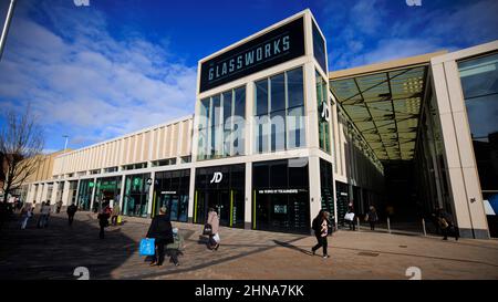 The Glass Works Barnsley is a development in Barnsley town centre which contains a shopping mall, restaurants, a cinema and a bowling alley. Barnsley Stock Photo