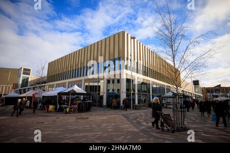 The Glass Works Barnsley is a development in Barnsley town centre which contains a shopping mall, restaurants, a cinema and a bowling alley. Barnsley Stock Photo