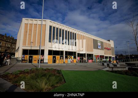 The Glass Works Barnsley is a development in Barnsley town centre which contains a shopping mall, restaurants, a cinema and a bowling alley. Barnsley Stock Photo