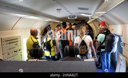 Gando Airport Spain OCTOBER, 21, 2021 Reporters visit the inside of a spy plane used by the Americans to control enemies. Boeing E-3 Sentry AWACS (Air Stock Photo