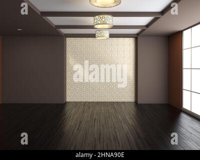 Empty Room Interior Concept with Large Floor to Ceiling Window. With Dark Parquet, Brown and Orange Walls, Decorative Wall Niche, Ceiling Chandeliers.