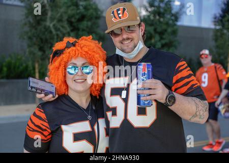 INGLEWOOD, CA - FEBRUARY 13: Fans wait in line to buy merchandise on the  grounds of SoFi Stadium prior to Super Bowl LVI between the Cincinnati  Bengals and the Los Angeles Rams