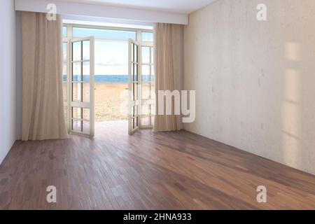 Hotel with Sea View. Empty Room with Open Windows Overlooking the Ocean, Yellow Sand and the Clouds. Dark Parquet, Beige Curtains and Beige Stucco Wal Stock Photo
