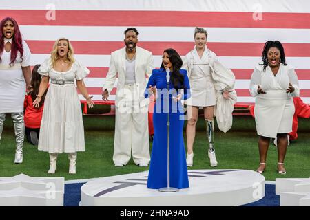 Sunday, February 13, 2022, 2022; Inglewood, CA USA;  Country Singer Mickey Guyton sings the National Anthem prior to Super Bowl LVl between the Cincinnati Bengals and the Los Angeles Rams at SoFi Stadium. The Rams beat the Bengals 23-20. (Kim Hukari/Image of Sport) Stock Photo