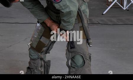 Gran Canaria Airport Spain OCTOBER, 21, 2021 High performance fighter jet military pilot wears anti-g sweatpants Stock Photo