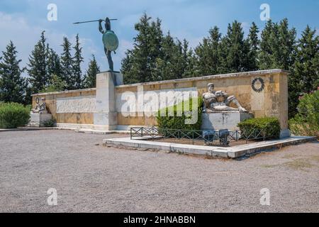 View of monument the Battle of Thermopylae. Memorial to the 300 spartans. Famous places in Greece. Ancient monuments. Stock Photo