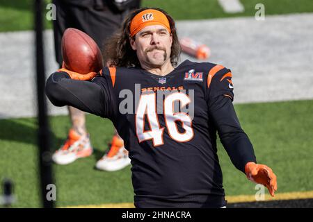 Cincinnati Bengals long snapper Clark Harris tosses a football to a fan  before the AFC championship NFL football game against the Kansas City  Chiefs, Sunday, Jan. 30, 2022, in Kansas City, Mo. (