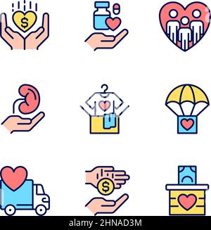 Volunteer opportunities pixel perfect RGB color icons set Stock Vector