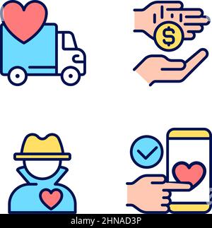 Public charity pixel perfect RGB color icons set Stock Vector