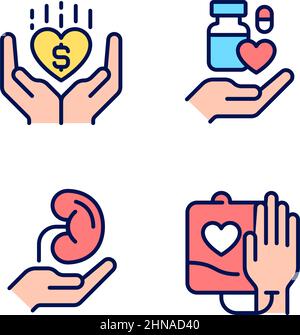 Donation to healthcare organizations pixel perfect RGB color icons set Stock Vector