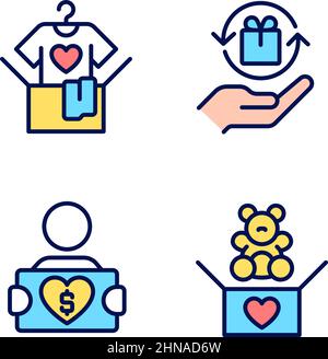 Donating used goods pixel perfect RGB color icons set Stock Vector