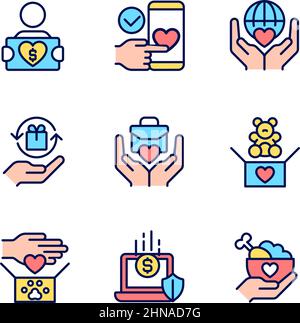 Donating to multiple charities pixel perfect RGB color icons set Stock Vector