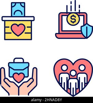 Fundraising strategy pixel perfect RGB color icons set Stock Vector