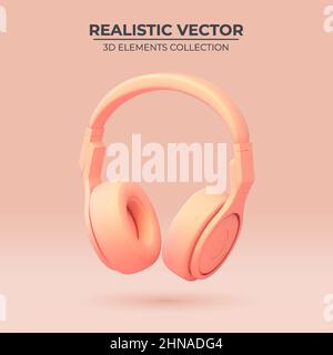 Realistic headphones in trendy color. 3d vector headphone element. Realistic object for music or game concept, poster design, flyer, website. Stock Vector